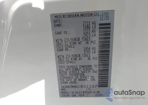 2020 Nissan Pathfinder Sv 2Wd z USA, uszkodzony, nr VIN 5N1DR2BN6LC651157